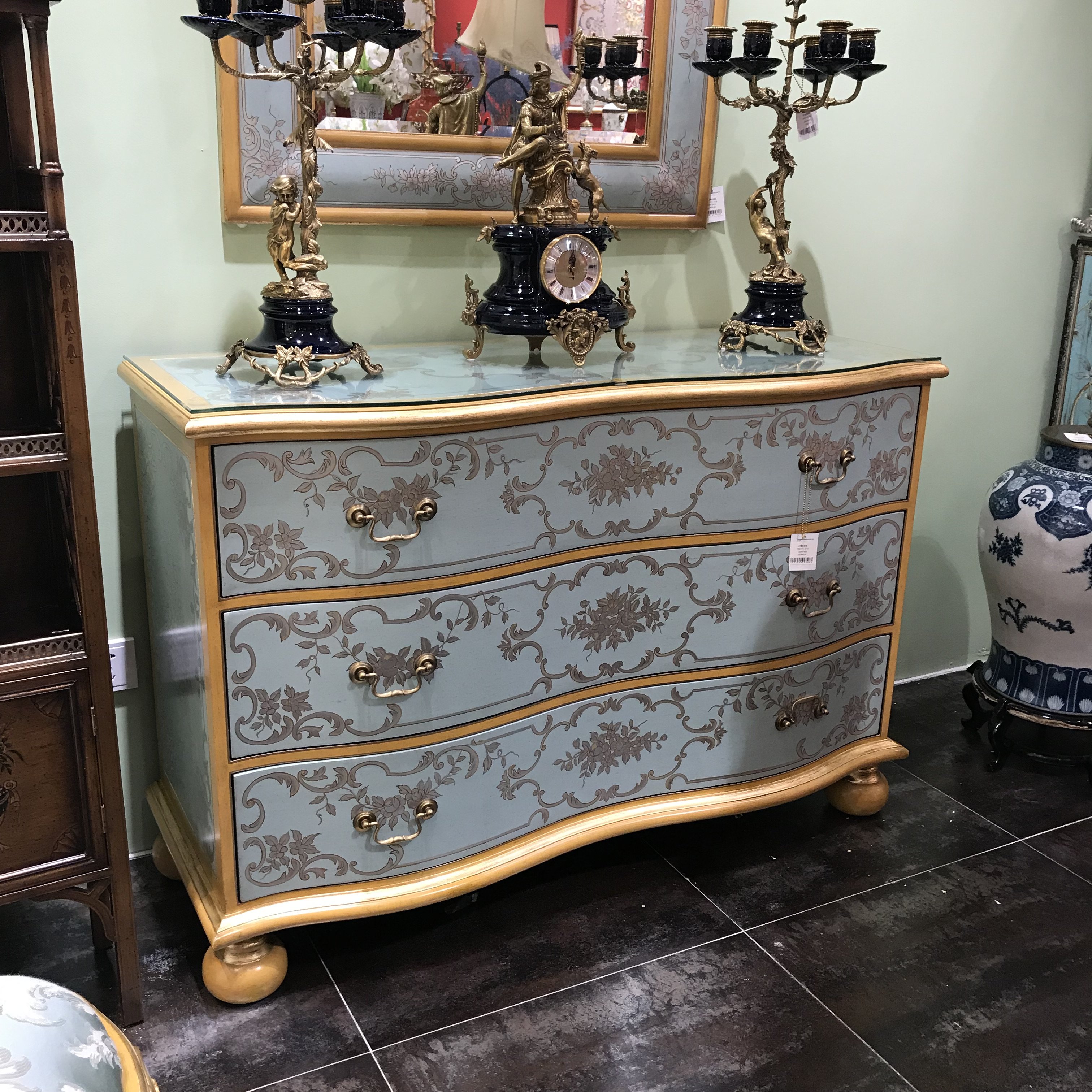 凤凰美居法式浪漫奢华全实木金边贴金箔灰蓝色三斗柜门厅玄关柜