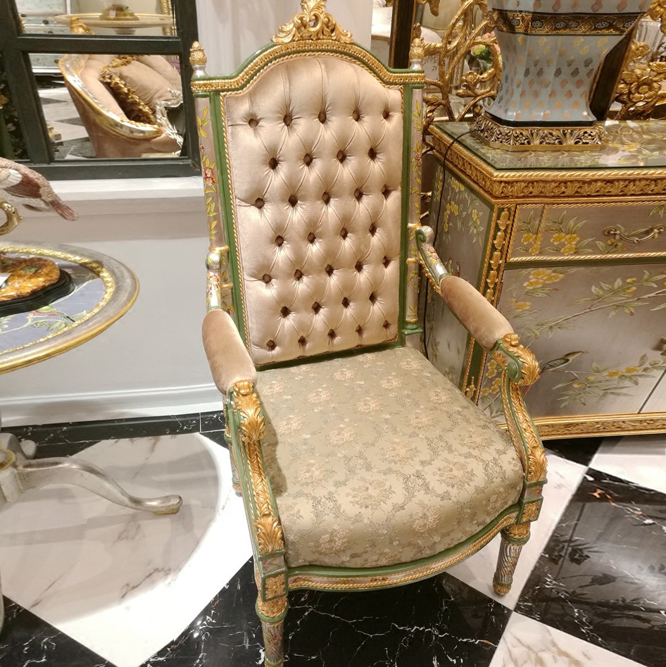 蔷薇公主实木休闲椅名媛草绿色金箔雕花女王椅书桌椅 凤凰美居法式