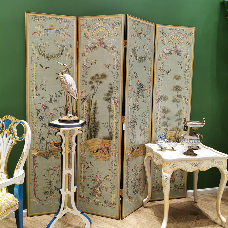 茱莉安花鸟屏风四片风景法式手绘复古绿色实木折屏