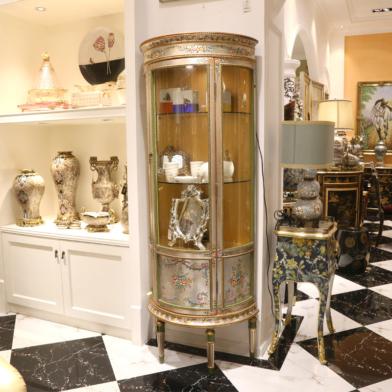 凤凰美居奢华法式实木银箔手绘洋花三面玻璃半圆酒柜装饰柜展示柜