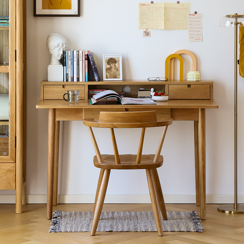 雅栈新品白橡木书桌书架一体桌简约全实木原木电脑桌子日式学习桌