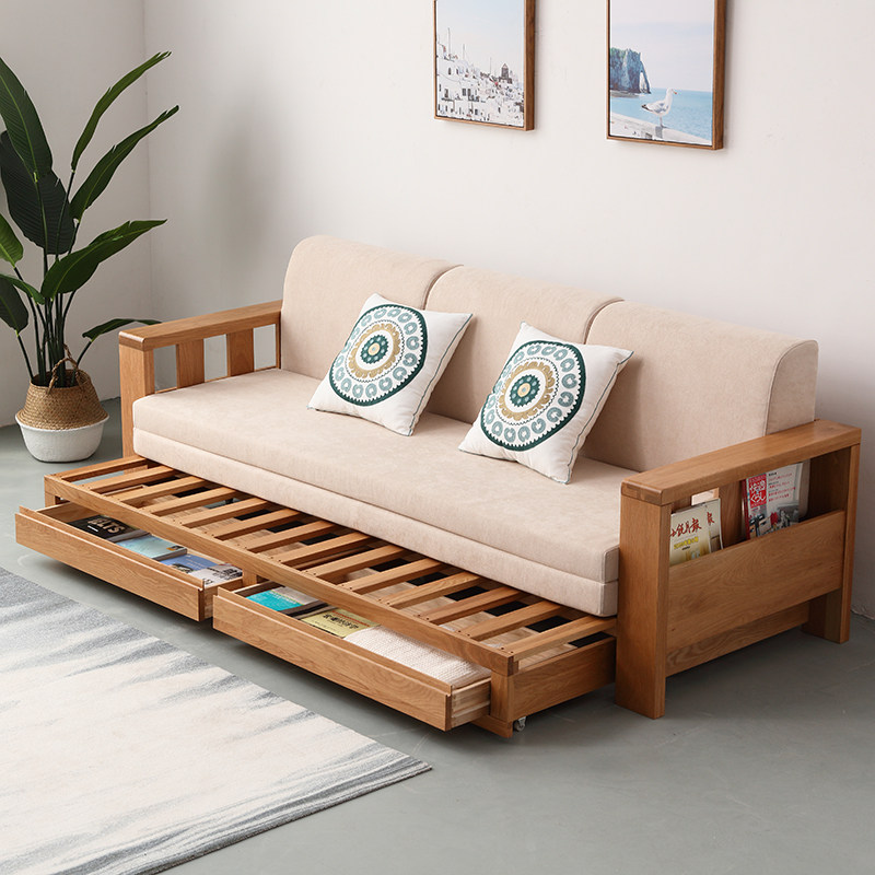 北欧白橡木沙发床多功能储物可推拉三人位全实木沙发带抽屉两用