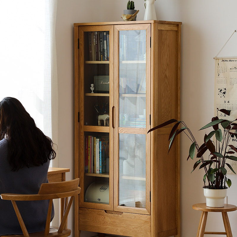 橡木玻璃书柜书架带门北欧简约纯全实木书橱单个书柜
