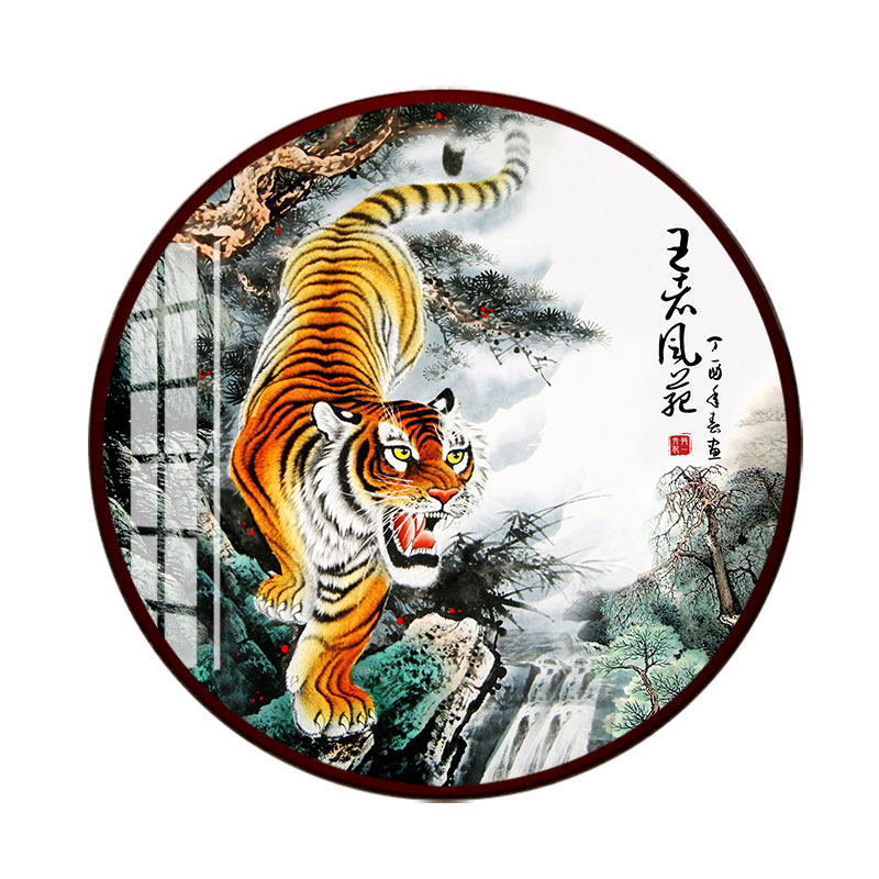 老虎国画下山虎圆形框装饰画玄关镇宅挡煞客厅风水招财上山虎挂画