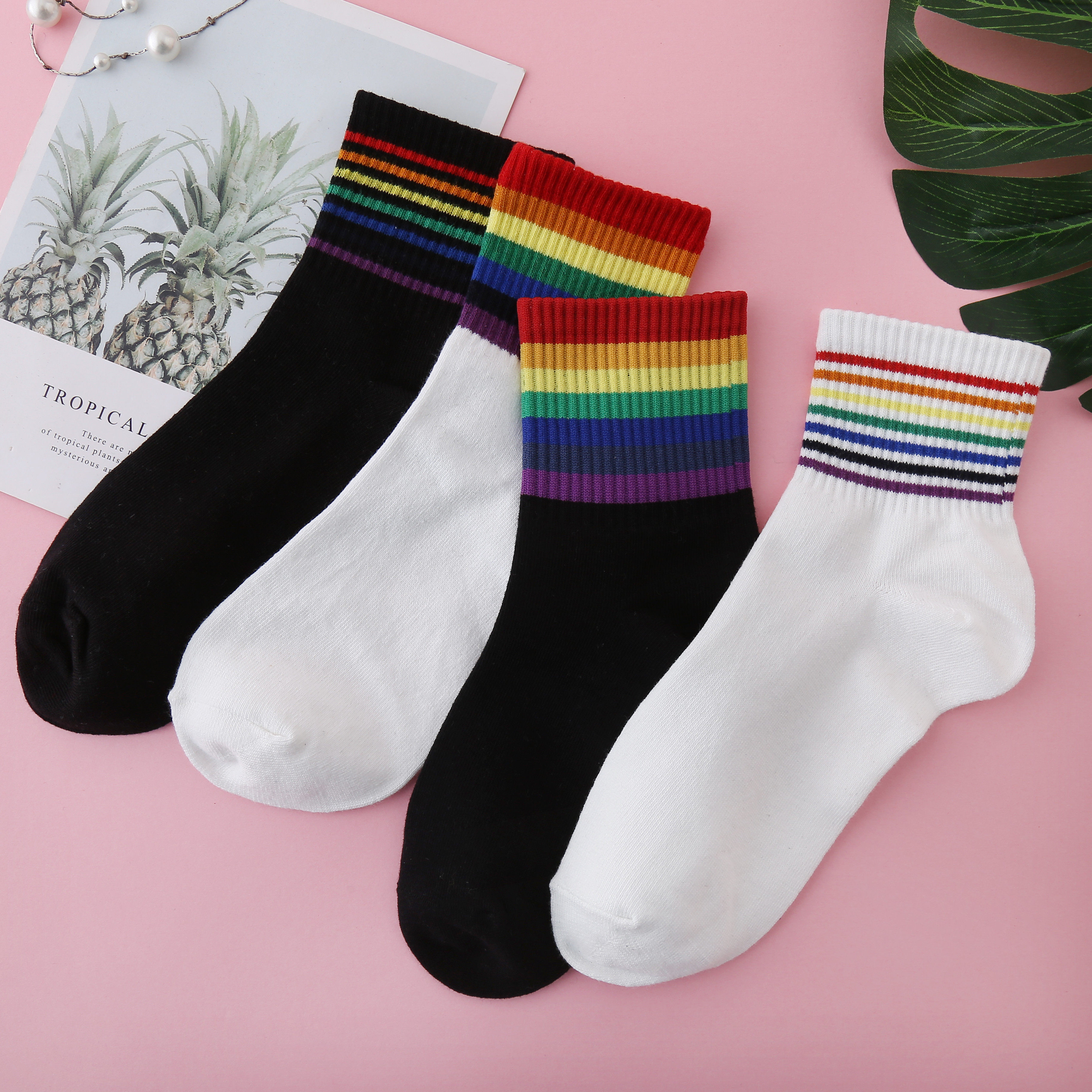 袜子袜子男男女春秋夏季纯棉潮流彩虹短袜韩版短袜