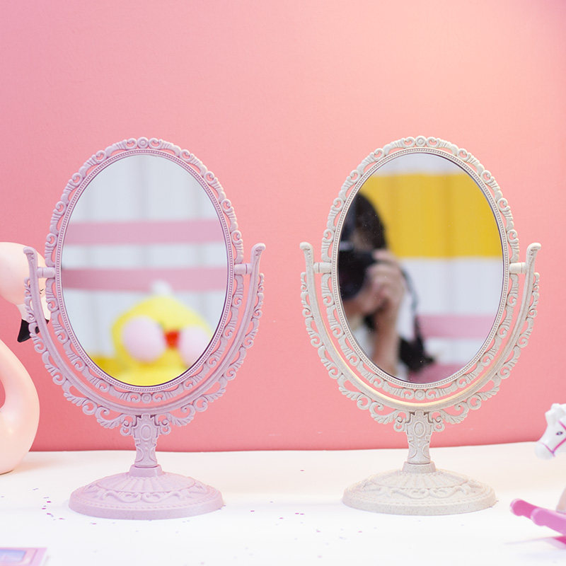 宿舍少女心补妆化妆镜圆形学生台式爱心公主镜子梳妆镜两面镜复古