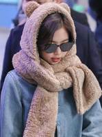 Jennie同款小熊围巾帽子一体女秋冬毛绒加厚保暖可爱围脖套装学生