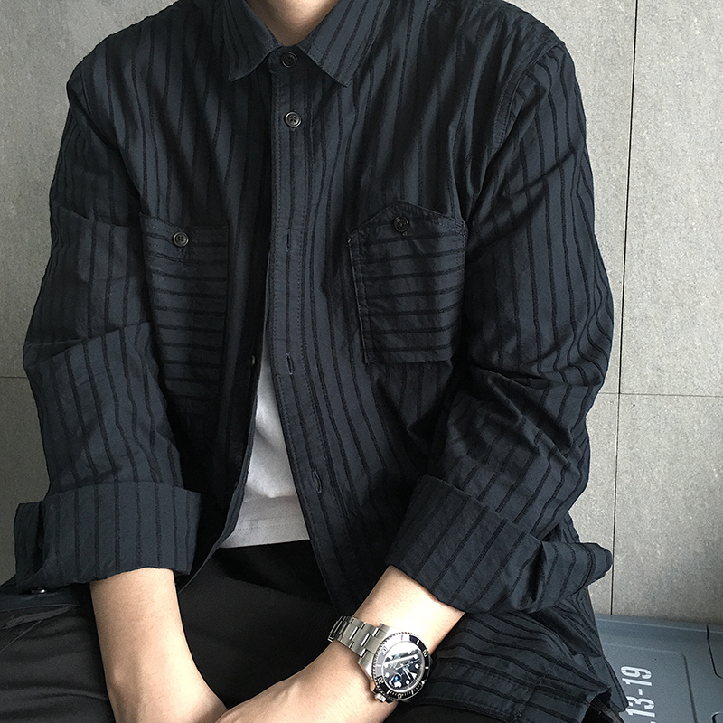 VMCL 提花条纹 日系复古深蓝色长袖衬衫 基础款休闲潮VERMICELLI