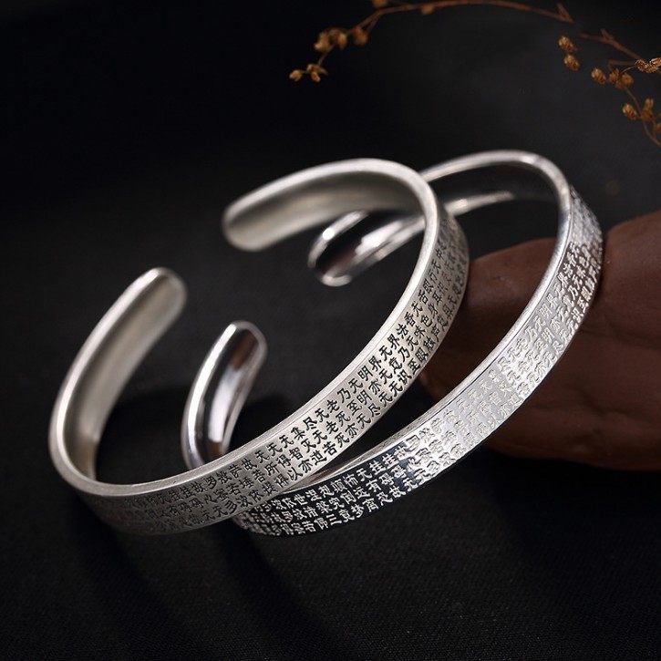 s999真言女士手工百搭仿古手镯开口六字足银手镯