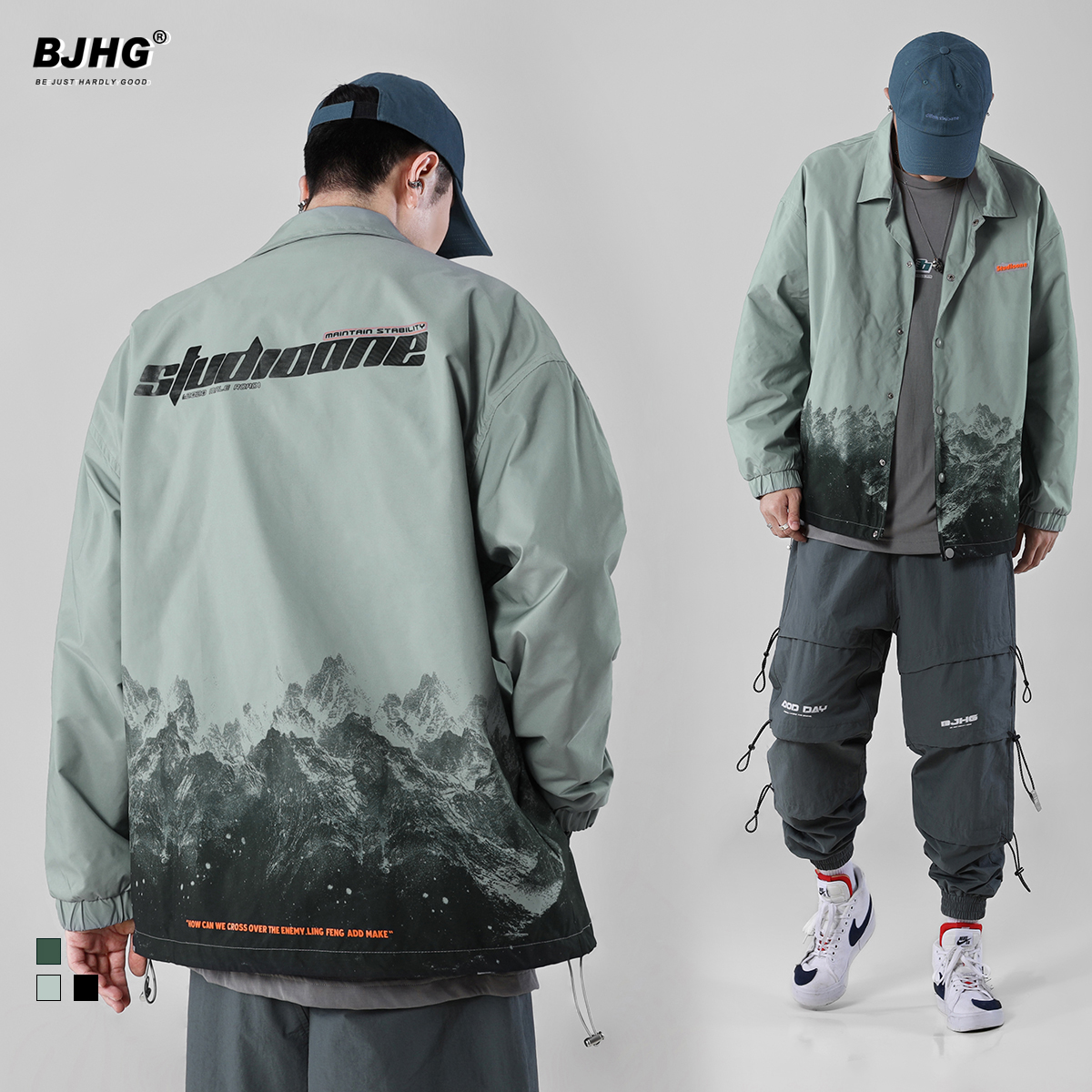 春渐变雪山印花教练夹克男潮流INS 港风2022新款宽松休闲情侣外套