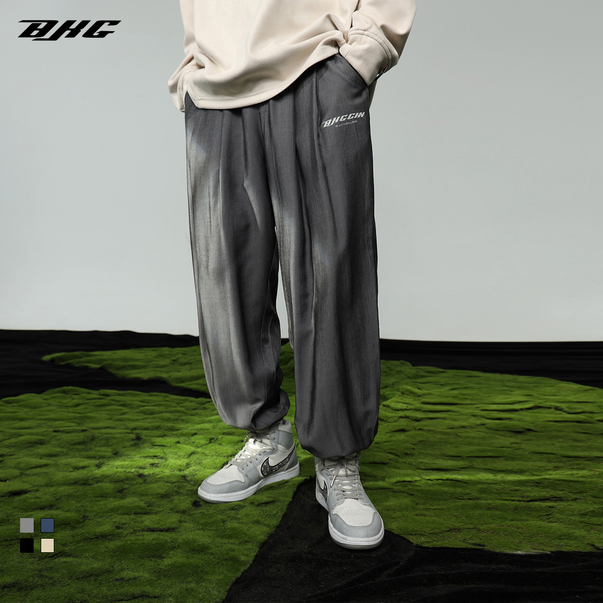 BJHG自制春夏薄款束脚裤子男女潮牌宽松绸缎感字母印花百搭休闲裤