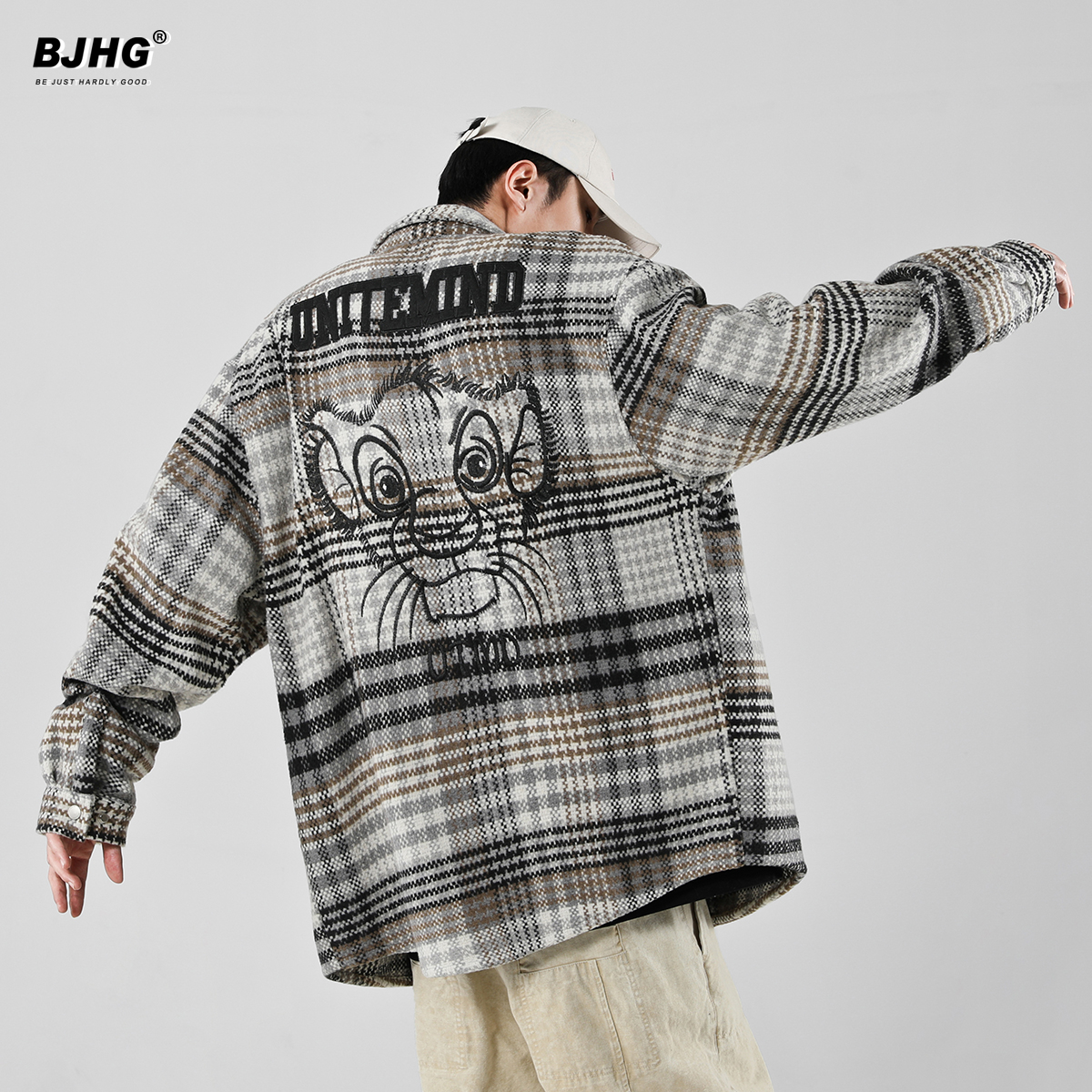 春季情侣毛呢格子衬衫男国潮牌街头复古宽松卡通刺绣磨毛衬衣外套