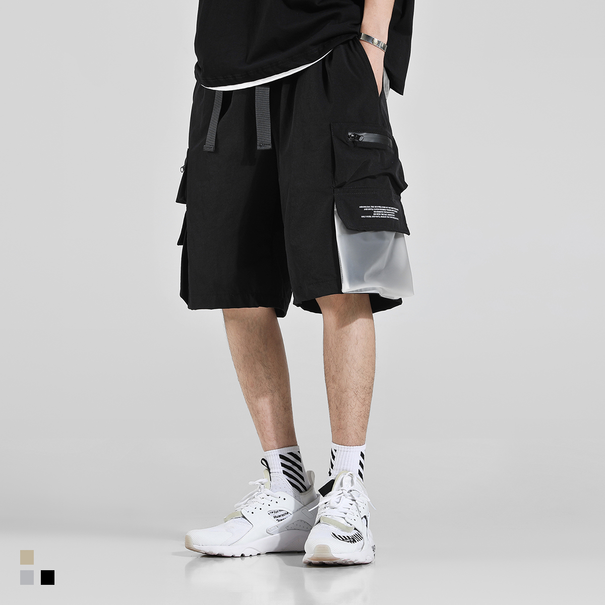 夏季工装短裤潮牌男美式高街宽松HIPHOP嘻哈口袋飘带休闲五分中裤