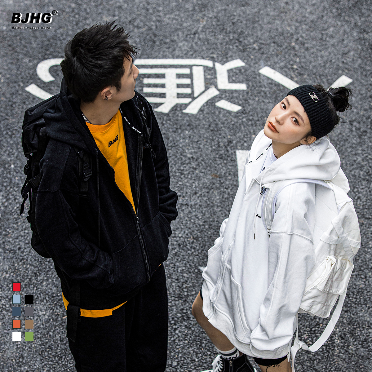 BJHG自制 春抓绒加厚开衫连帽卫衣男国潮INS宽松情侣运动拉链外套
