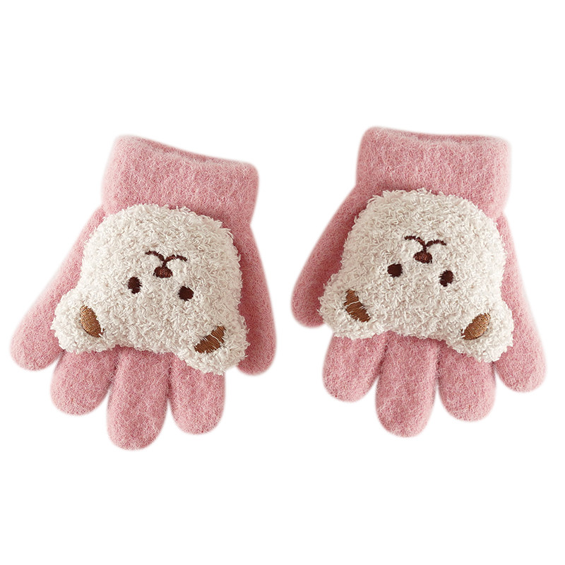 秋冬季宝宝手套儿童五指小熊冬天加厚毛绒卡通手套