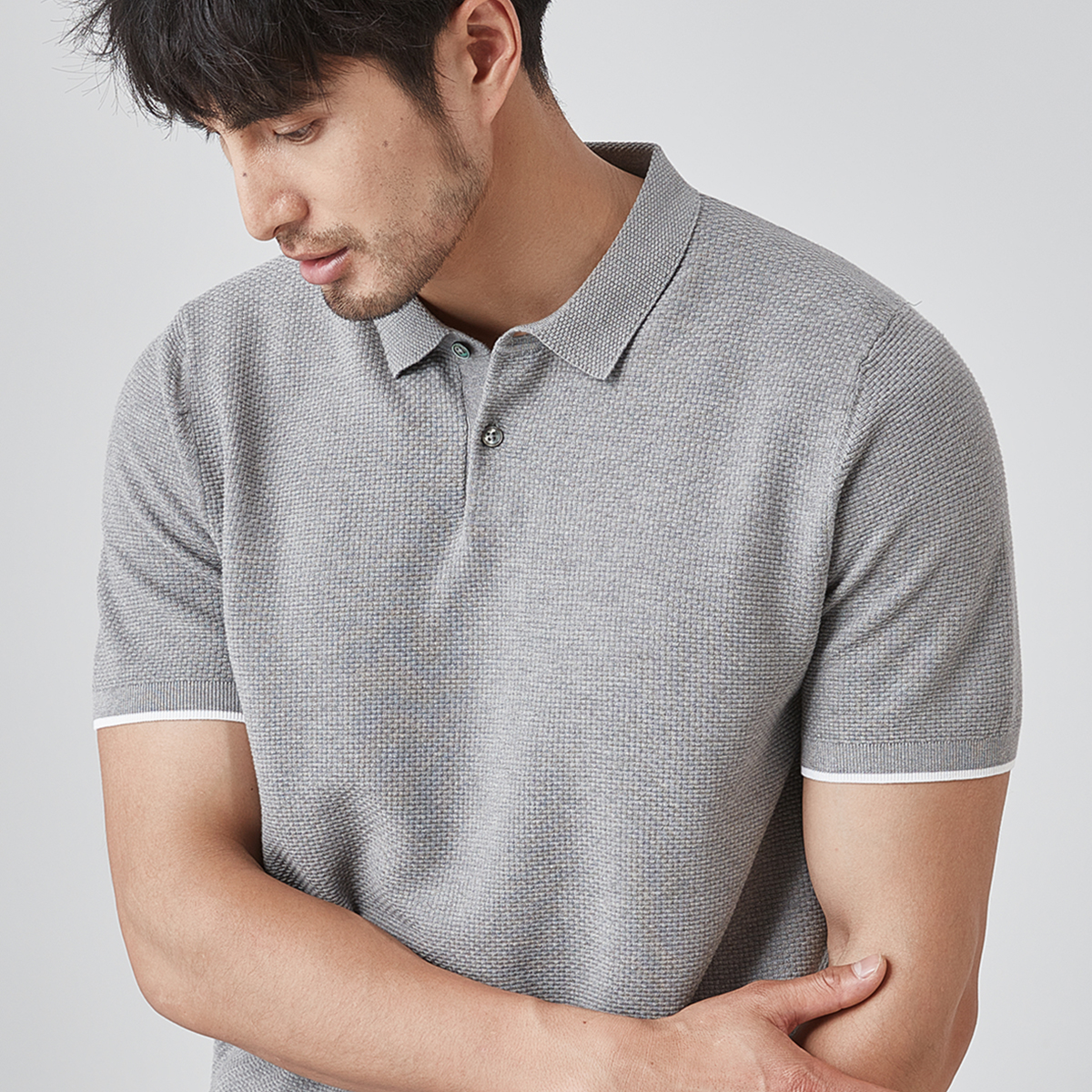 凌凌漆针织男T恤休闲舒适亲肤全面华夫格提花针织翻领短袖T恤男