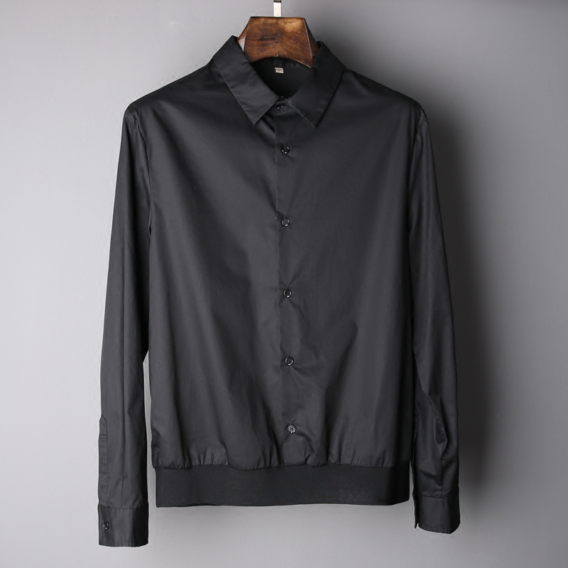 个性时尚修身衬衫男长袖秋季新款棉质螺纹下摆男士翻领纯色衬衣