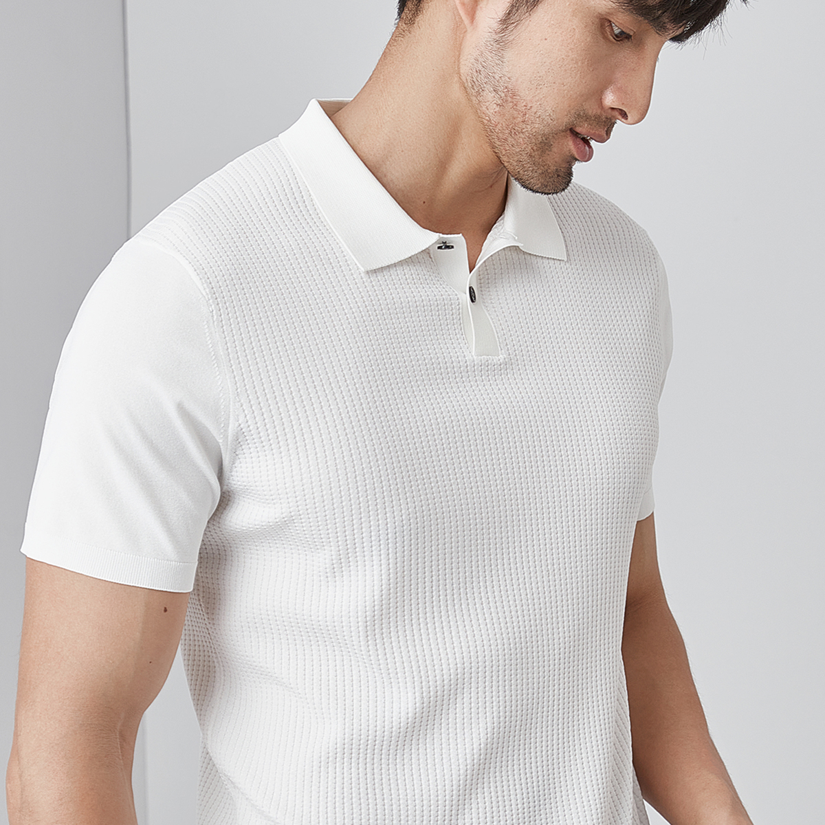 高档夏季休闲男T恤轻奢伊力特丝16针男士菠萝纹翻领针织短袖T恤男