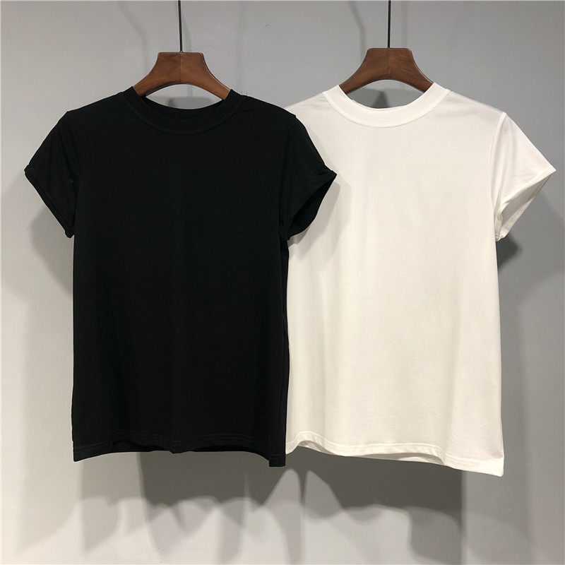 2019春夏mocha新款纯色简单百搭显瘦袖子挽边圆领短袖净版t恤女