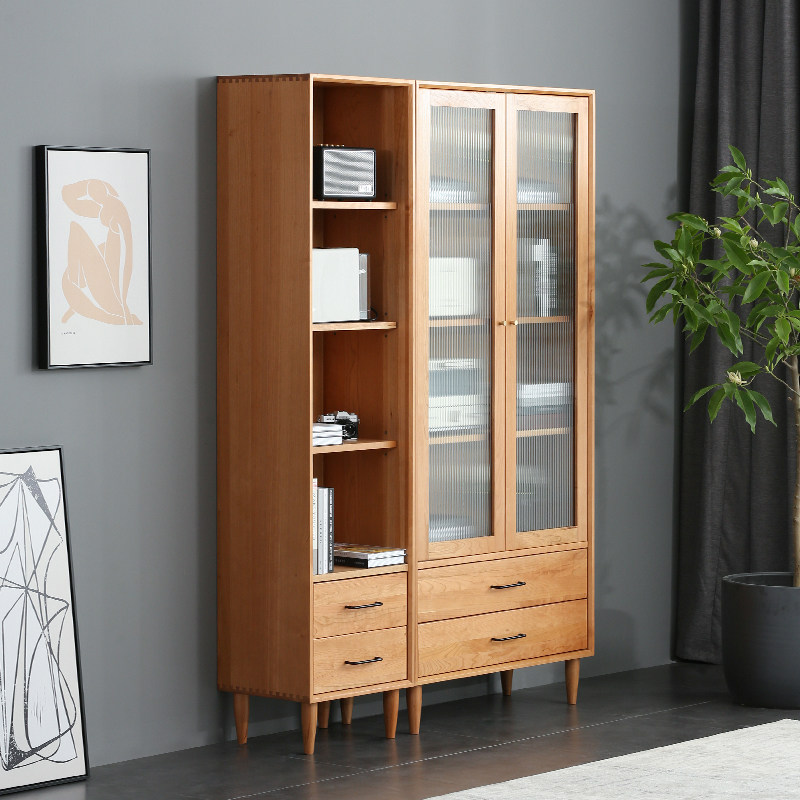 北欧樱桃书房原木展示柜玻璃书橱桃木日式欧纯单个书柜