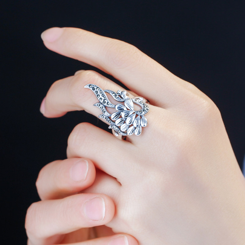 纯银孔雀戒指开口泰银复古凤凰食指石榴石大气戒指