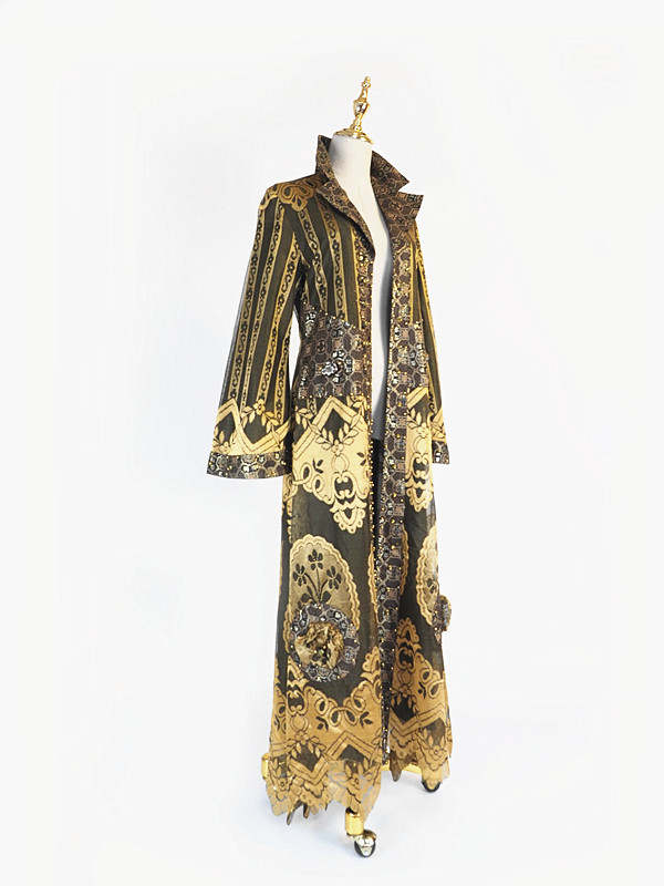 独特时髦复古做旧气质刺绣花卉钉珠长袍礼服风衣