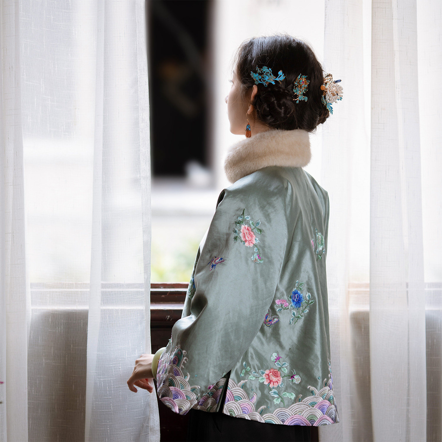 玉柔花醉秋冬中式盘扣对襟绣花倒大袖上上衣上衣