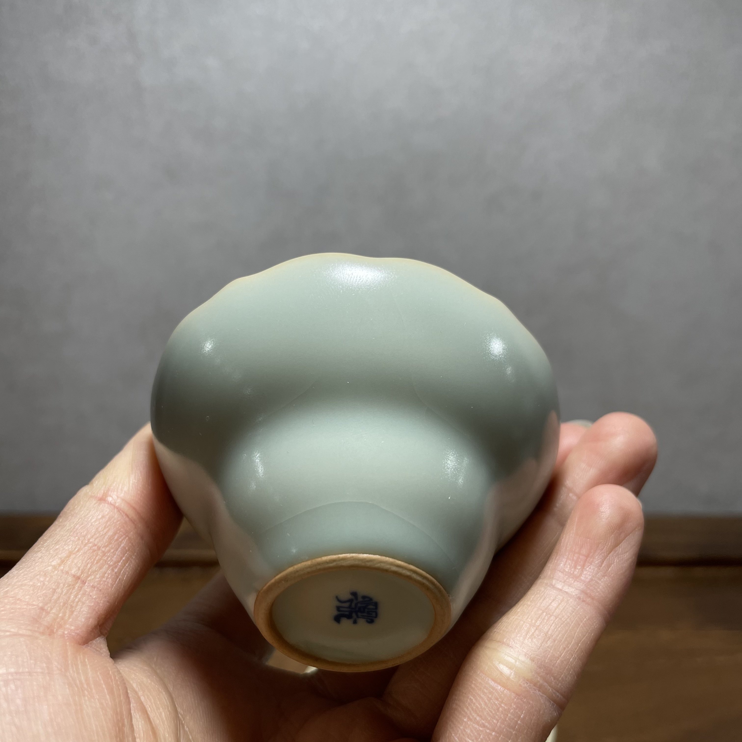 汝窑问鼎格物老款汝瓷天青色花口杯一对对对鼎字款茶杯