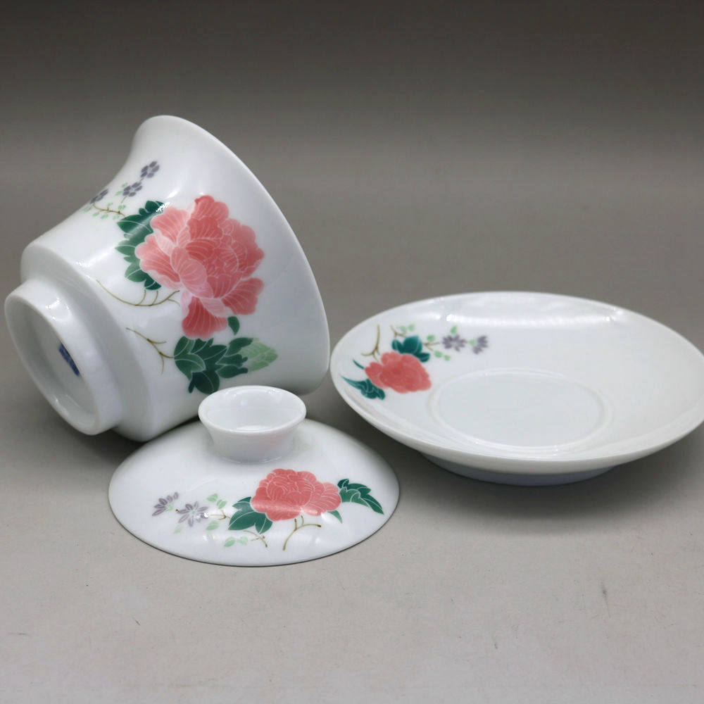 景德镇7080年代国营厂釉下芙蓉三才盖碗茶杯7501毛瓷盖碗