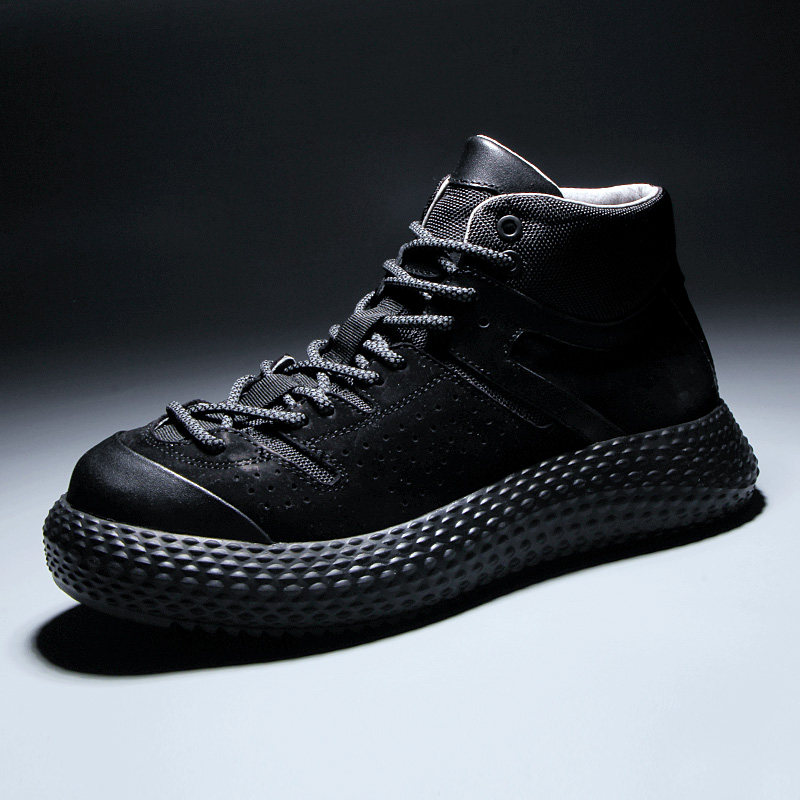 冬季加绒男士高帮真皮靴韩版潮流中高帮男鞋厚底增高休闲中帮短靴