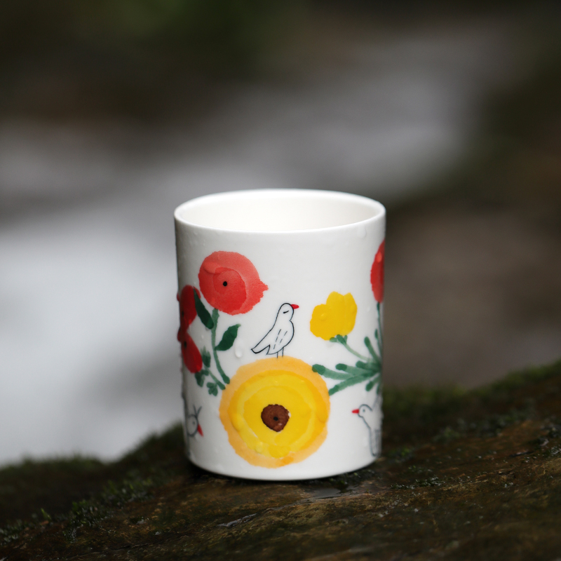 山水间山花小鸟蓝花金点手绘景德镇手工陶瓷水杯茶杯