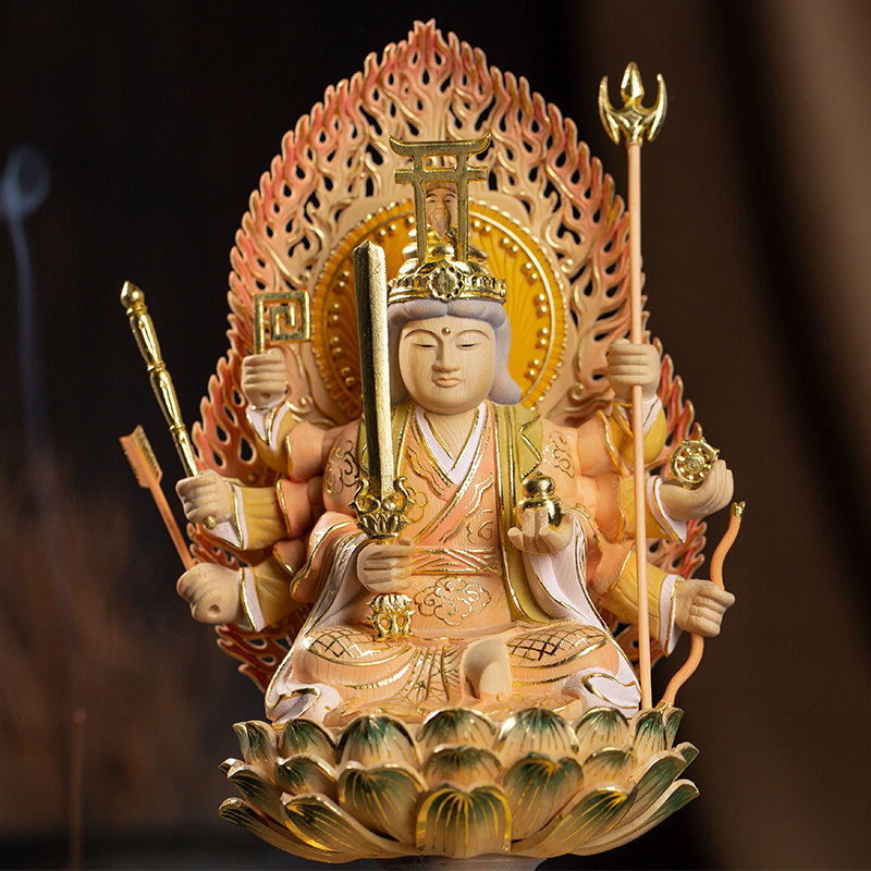修明堂吉祥物摆件木雕淡彩密宗八臂边裁天辩才佛像摆件