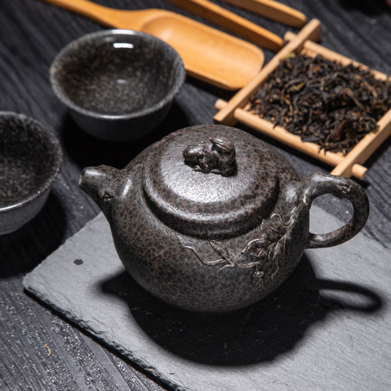 茶壶安化冰碛岩茶茶具天然石壶手工整石雕刻豹茶壶