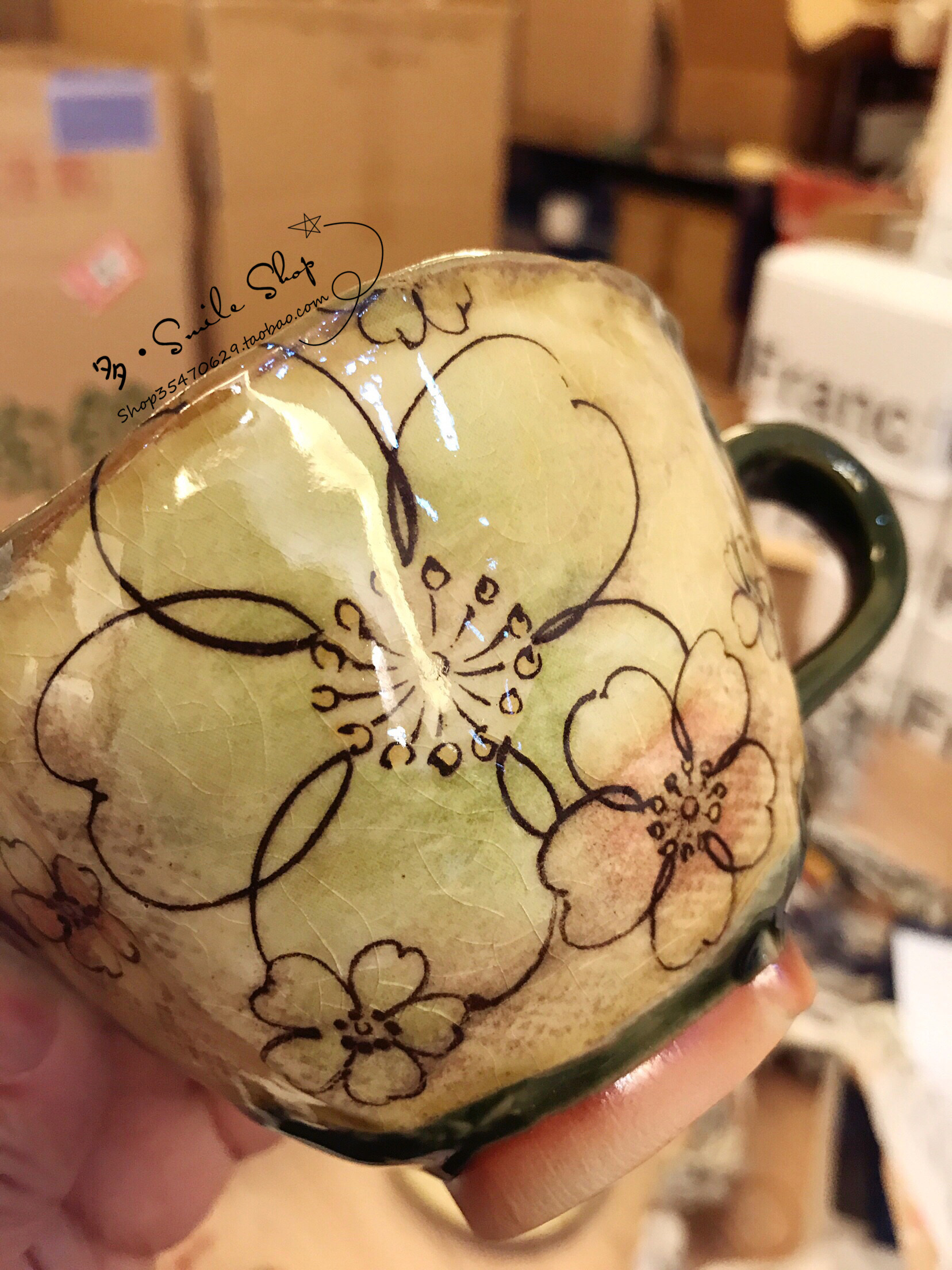 现货日本进口濑户烧土织布冰裂釉烧陶瓷樱花马克杯