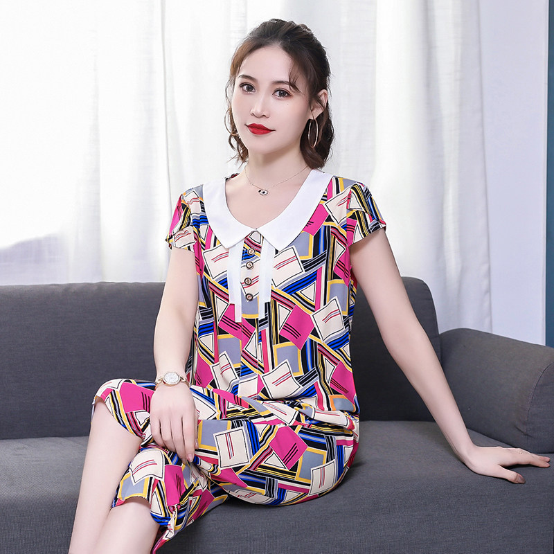 时尚洋气夏季绵绸套装短袖棉绸睡衣家居服人造棉睡衣