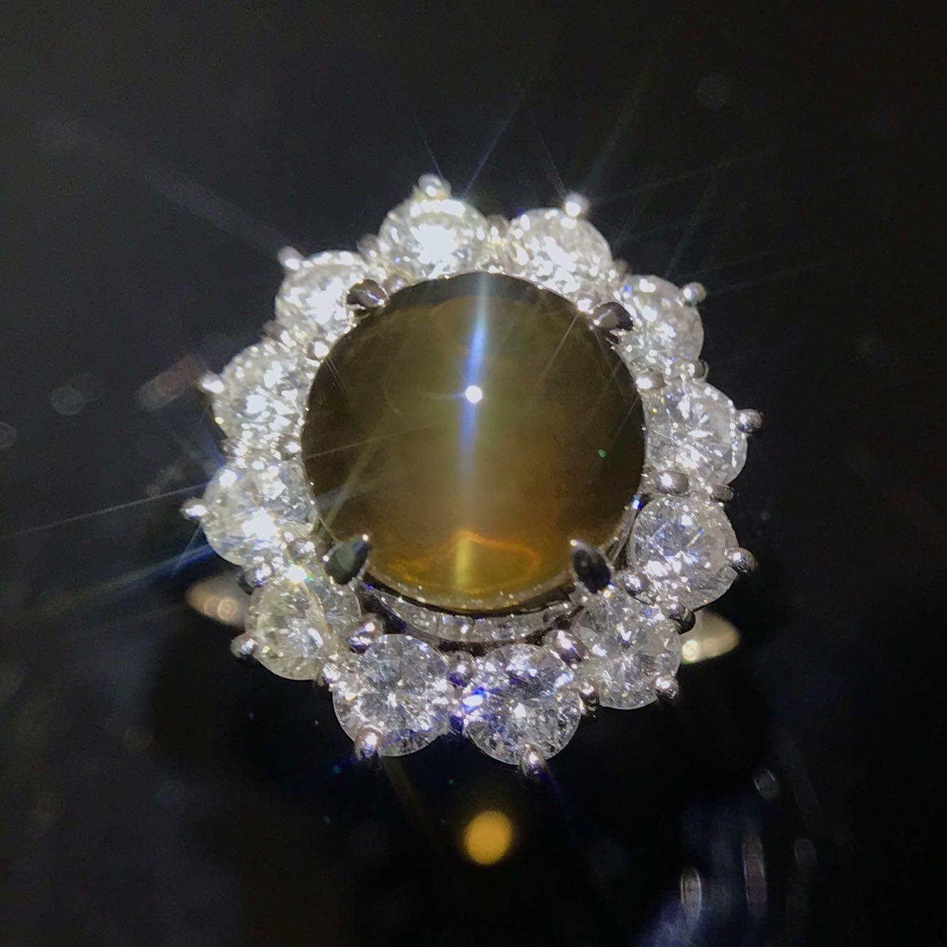 经典pt900金绿猫眼钻石戒指蜜糖晶体干净眼线戒指