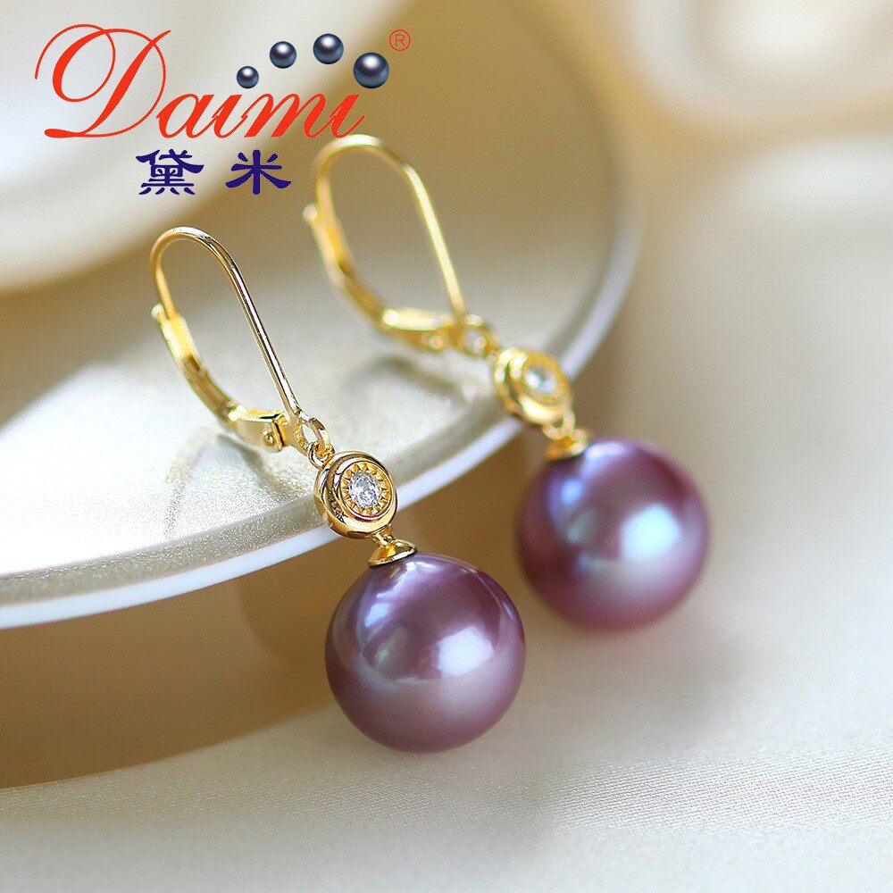黛米珠宝紫祺1213mm正圆紫色珍珠耳环耳钉s925耳饰