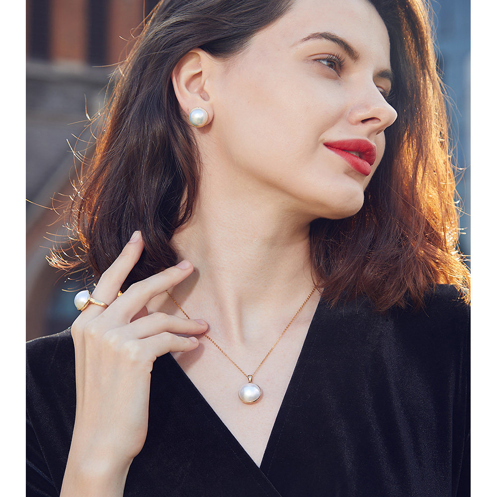 黛米珠宝玉珍1415mm大颗强亮泽马贝珍珠戒指女g14k海水玛贝戒子