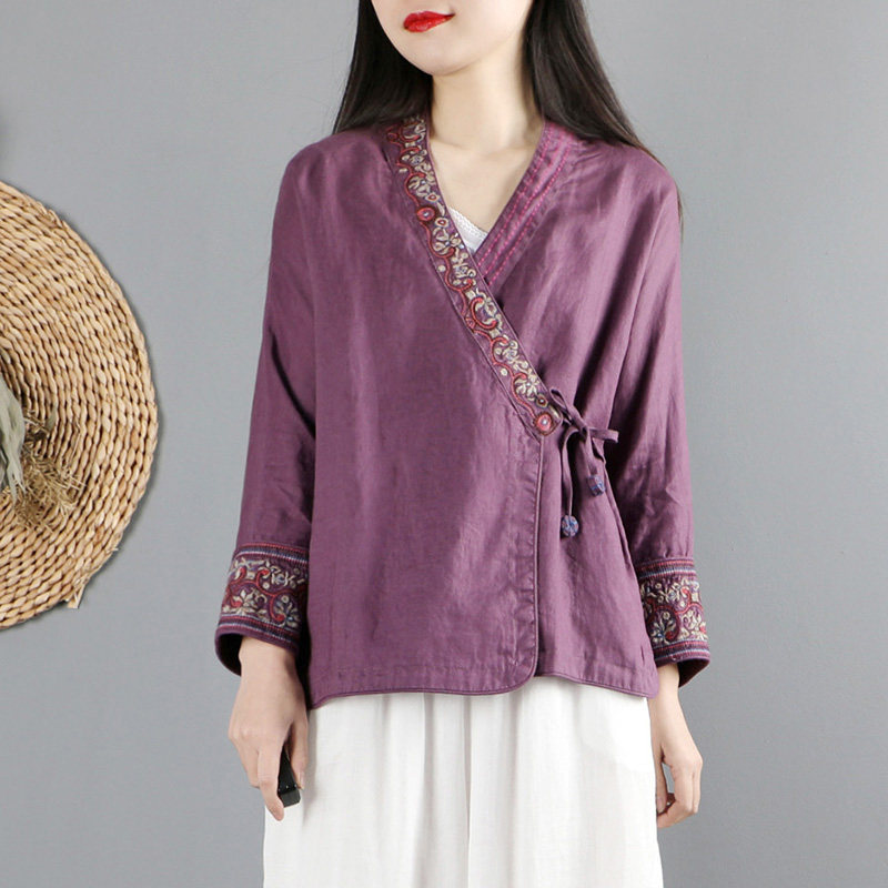 中国风文艺复古棉麻上衣女春装民族风长袖汉服小开衫中式茶服衬衫