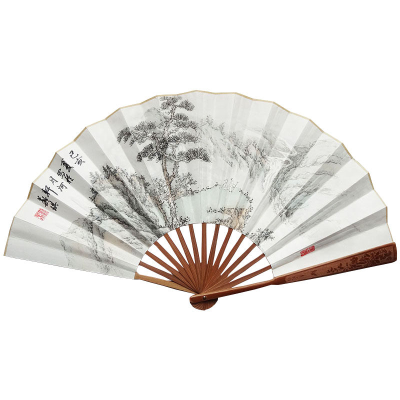 手绘国画聚财山水画礼品手拿雕刻宣纸扇子折扇工艺扇