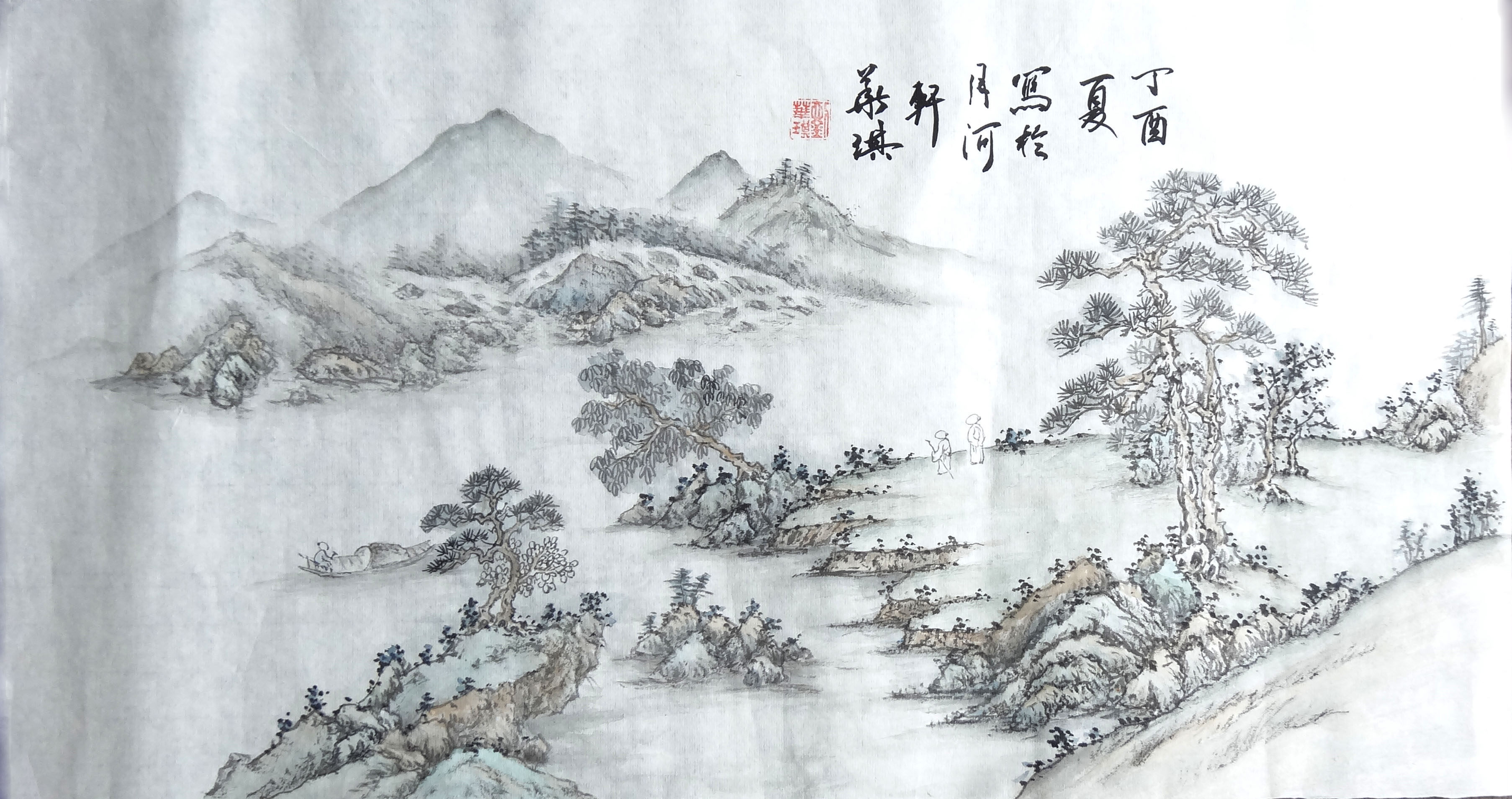 手绘国画装饰画横版山水画招财宣纸仿古风水中式国画