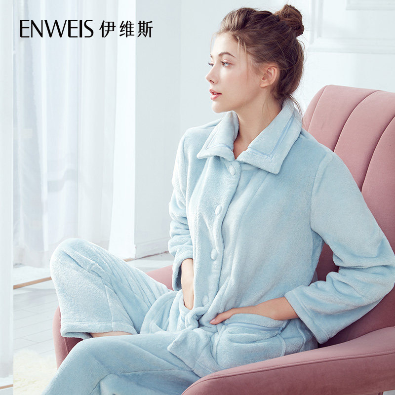 伊维斯珊瑚瑚绒秋冬家居服加绒睡衣套装睡衣