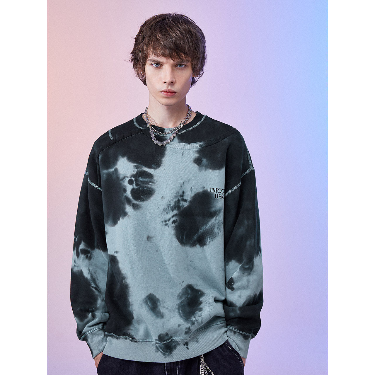 lilbetter卫衣男秋冬扎染印花上衣韩版潮牌不规则圆领卫衣