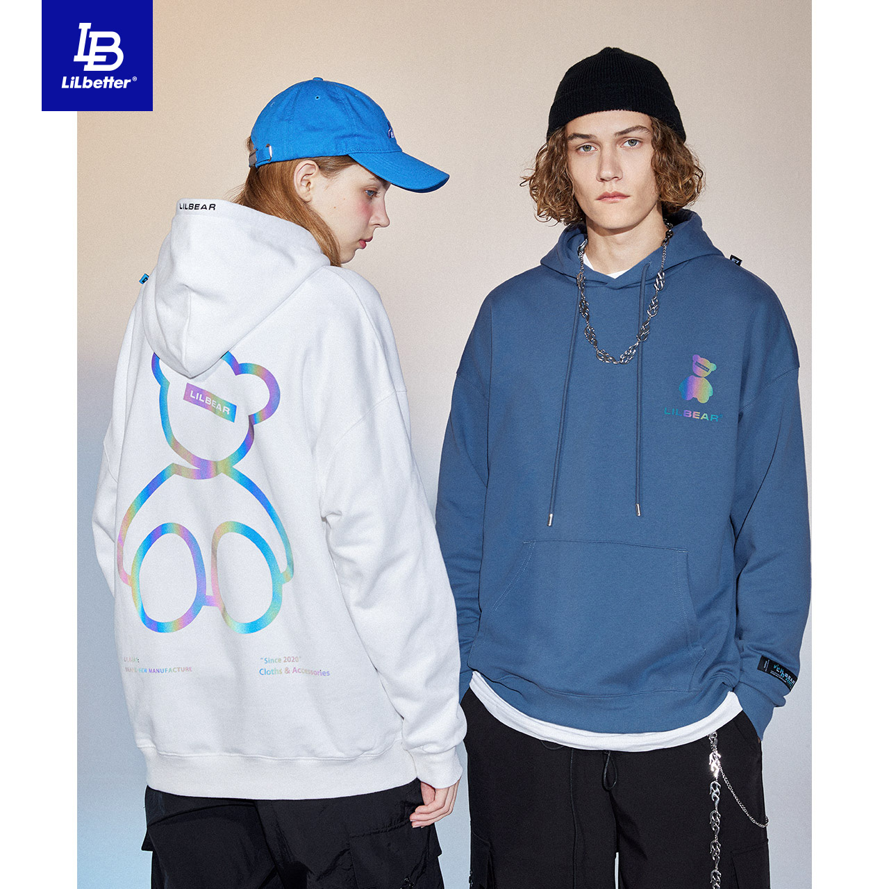 Lilbetter小熊情侣卫衣男连帽宽松港风男士上衣秋季炫彩反光外套
