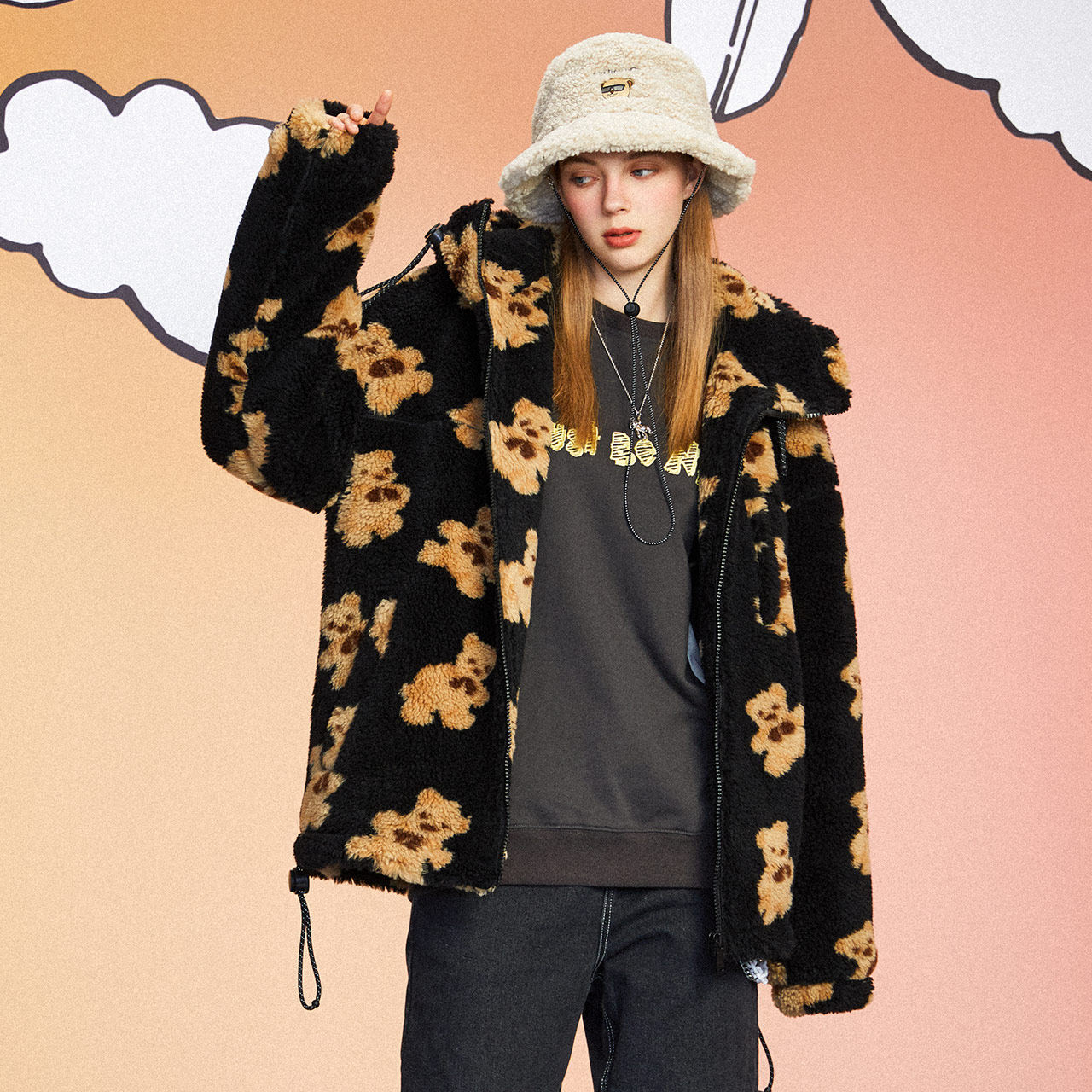 lilbear小熊抽绳连帽短款棉服韩版潮流羊羔绒开衫外套加厚棉衣男