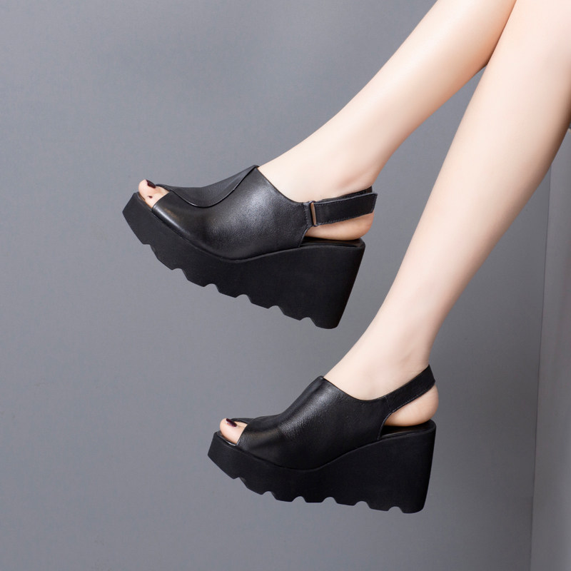 鱼嘴鞋女坡跟夏季真皮防滑绊带高跟凉鞋百搭时装凉鞋