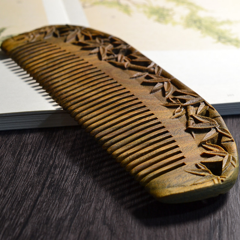 雕刻木梳檀木竹报平安图案双面梳子古典古风风发梳子