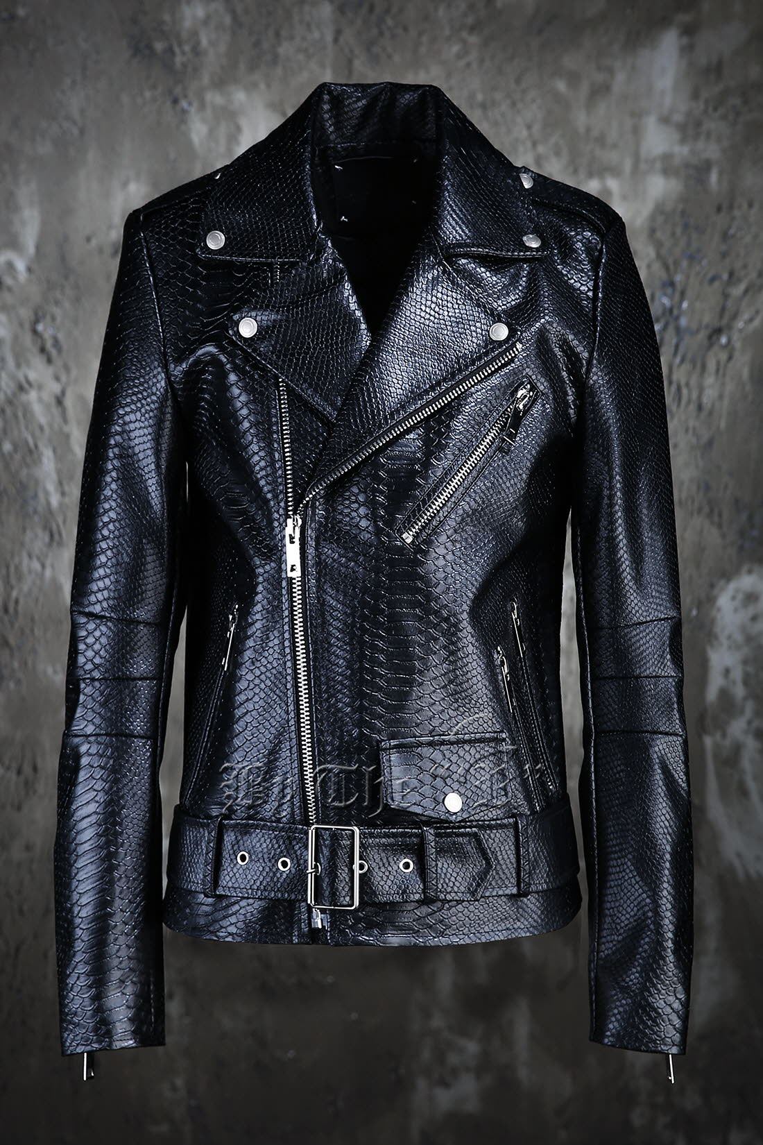 9k韩国代购byther男士新款蟒蛇纹斜拉链潮流皮衣
