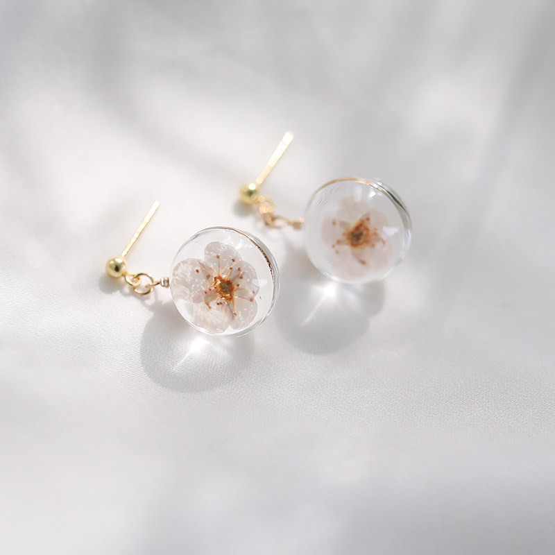 樱花水晶干花珍珠树枝水晶球玻璃珠耳钉耳环小巧耳钉