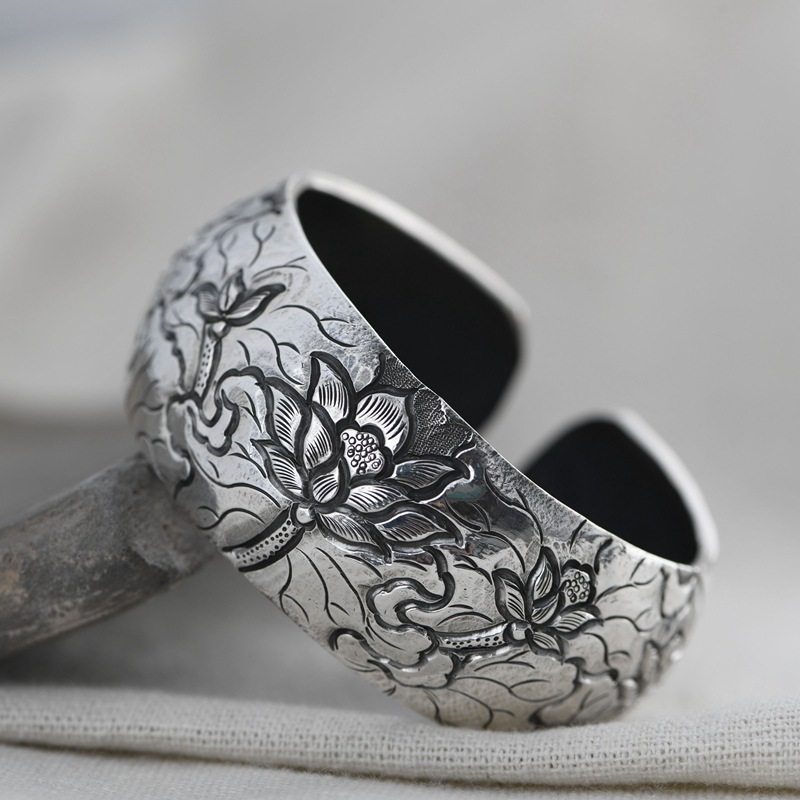 亦吾原创手工足银莲花图案镯子个性民族风荷花手镯